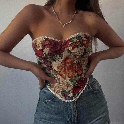 Vintage Floral Jacquard Corset Top Women Sexy Strapless Fishbone Bustier With Lace Trim Back Lace-Up Streetwear Slim Fit Polyester Vest Top Vintage Floral Jacquard Corset Top Women Sexy Strapless Fishbone Bustier With Lace Trim Back Lace-Up Streetwear Slim Fit Polyester Vest Top