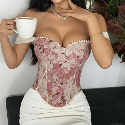 Women's Vintage Jacquard Floral Corset Top Boned Sexy Bustier Tank Top Backless Lace Up French Court Style Slim Fit Sleeveless Clubwear Party Camisole