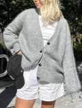 Women's Casual V-Neck Knitted Cardigan Sweater Loose Long Sleeve Button Down Fluffy Mohair Like Knitwear For Autumn Winter Resort Wear Ladies Top