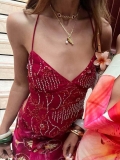 Sexy Beaded Floral Sequin Tank Top Women's Backless Lace Up Camisole For Party Club Vacation Slim Fit Polyester Sleeveless Vest