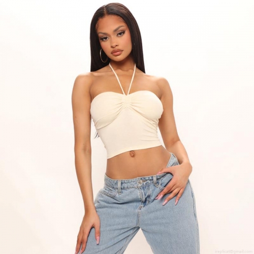 Sexy Halter Neck Crop Top Women Ruched Backless Sleeveless Slim Fit Summer Streetwear Party Clubwear Tank Top Polyester Spandex Blend