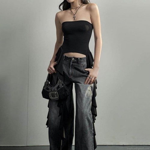 Women's Sexy Black Strapless Tube Top With Long Ruffles Ruffled Hem Y2K Street Style Polyester Elastane Summer Crop Top For Party Daily Wear