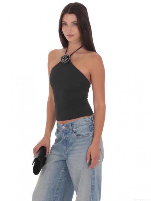 Women's Sexy Halter Neck Top With 3D Flower Decoration Backless Slim Fit Polyester Elastane Milk Silk Vest Summer Party Streetwear Casual Shirt Women's Sexy Halter Neck Top With 3D Flower Decoration Backless Slim Fit Polyester Elastane Milk Silk Vest Summer Party Streetwear Casual Shirt