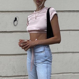 Women Sexy Backless Satin Crop Top Short Sleeve Round Neck Tie Up Waist Summer Club Party Streetwear Short Blouse