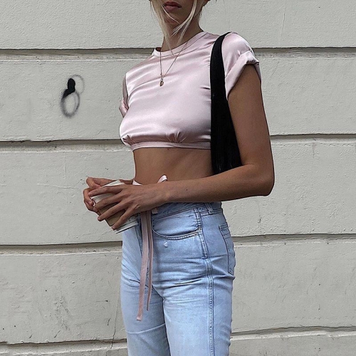 Women Sexy Backless Satin Crop Top Short Sleeve Round Neck Tie Up Waist Summer Club Party Streetwear Short Blouse