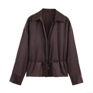 Women's Satin Blouse V-Neck Puff Sleeve Drawstring Waist Solid Color Elegant Silk Texture Top For Office Daily Casual Wear Sophisticated Shirt Women's Satin Blouse V-Neck Puff Sleeve Drawstring Waist Solid Color Elegant Silk Texture Top For Office Daily Casual Wear Sophisticated Shirt