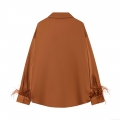 Women's Elegant Satin Blouse With Feather Cuffs Solid Color Long Sleeve Button Up Shirt Urban Loose Fit Top For Ladies Dating Work Party