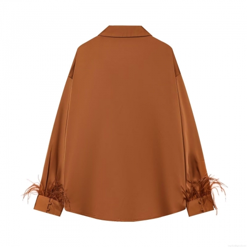 Women's Elegant Satin Blouse With Feather Cuffs Solid Color Long Sleeve Button Up Shirt Urban Loose Fit Top For Ladies Dating Work Party