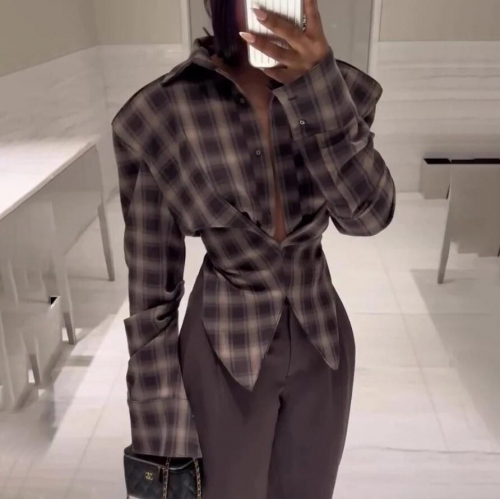 Women's Y2K Plaid Shirt Deep V-Neck Long Sleeve Slim Fit Cropped Top With Asymmetric Hem Knot Front Streetwear Polyester Fashion Blouse
