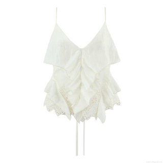 Women French Style Ruffled Camisole Top Sweet Eyelet Embroidery Button V Neck Sleeveless Summer Resort Tank Top With Hem Tie