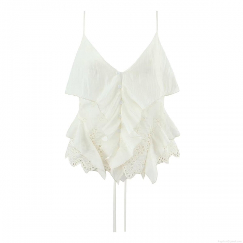 Women French Style Ruffled Camisole Top Sweet Eyelet Embroidery Button V Neck Sleeveless Summer Resort Tank Top With Hem Tie