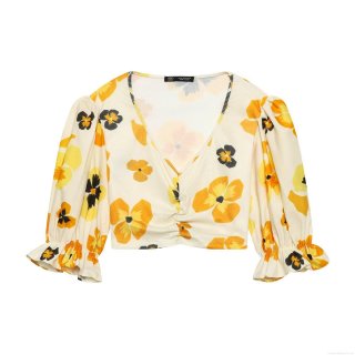 Women's V-Neck Puff Sleeve Floral Blouse Sweet Short Crop Top Ruffle Cuff Gathering Smocked Polyester Knit Shirt For Summer Dating Women
