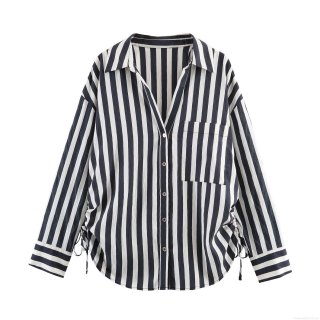 Women's Fashion Striped Long Sleeve Blouse Shirt With Side Drawstring Ruched Polyester Single Breasted Turn-down Collar Office Lady Minimalist Top
