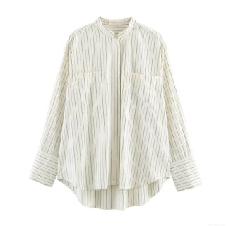 Women's Casual Striped Shirt Loose Polyester Mandarin Collar Long Sleeve Top With Front Pockets High-Low Hem Minimalist Style Blouse For Women Daily Wear