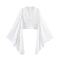 Elegant French Women V Neck Cropped Blouse Flare Long Sleeve Top With Pearl Button Decoration Pleated Chiffon Texture Polyester Shirt For Daily Dating