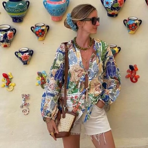 Women's Boho V-Neck Long Sleeve Blouse Tropical Graffiti Print Lace-up Front Loose Polyester Top Casual Summer Beach Shirt
