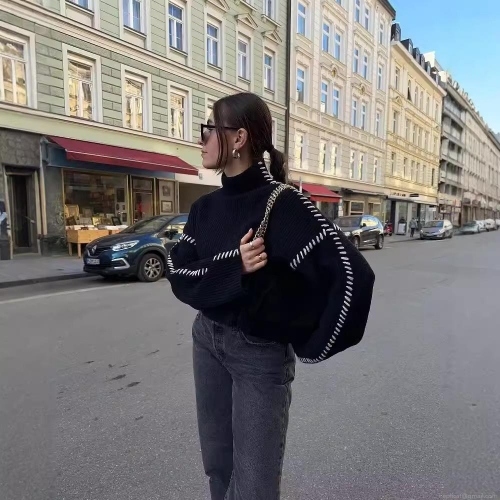 Women's Casual Turtleneck Knit Sweater Contrast Stitching Loose Fit Long Sleeve Pullover Autumn Winter Warm Polyester Jumper Top