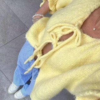 Women's Yellow Knit Cardigan Sweater Polyester Tie-up Bow Ruffle Cuffs 3/4 Sleeves Round Neck Solid Color Short Top Casual Sweet Style