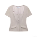 Women's Elegant Retro Square Neck Short Sleeve Blouse Slim Fit Single Breasted Polyester Top Summer Casual Office Lady Party Short Shirt