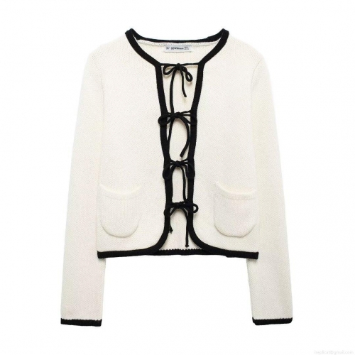 Women's Contrast Trim Knit Cardigan Bow Tie Front Elegant Long Sleeve Sweater Short Jacket Outerwear For Women Autumn Casual Tops
