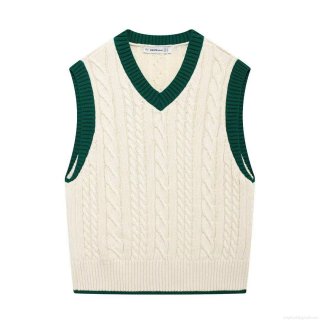 Women Preppy Style V-Neck Knitted Sweater Vest 100% Polyester Cable Knit Sleeveless Color Block Trim Top Casual Knitwear For Lady