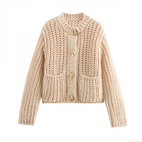Women's Lazy Style Round Neck Coarse Knit Sweater Cardigan With Gold Buttons And Pockets Loose Short Knitwear For Autumn Winter