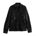 Women's Elegant Mesh Shirt 3D Floral Embroidery V-Neck Long Sleeve Sheer Sexy Blouse Office Lady Commute Autumn Casual Black Top Apparel