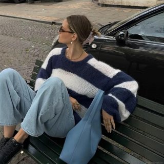 Women's Striped Knit Sweater Loose Round Neck Long Sleeve Pullover Soft Lazy Style Jumper For Autumn Winter Casual Streetwear Top Women's Striped Knit Sweater Loose Round Neck Long Sleeve Pullover Soft Lazy Style Jumper For Autumn Winter Casual Streetwear Top
