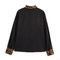 Women's Retro Leopard Print Stitching Long Sleeve Shirt Loose Lapel Contrast Color Polyester Blouse Casual Single Breasted Button Up Top For Women