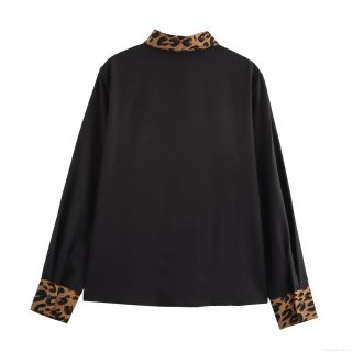 Women's Retro Leopard Print Stitching Long Sleeve Shirt Loose Lapel Contrast Color Polyester Blouse Casual Single Breasted Button Up Top For Women