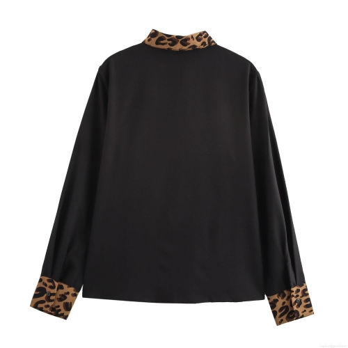 Women's Retro Leopard Print Stitching Long Sleeve Shirt Loose Lapel Contrast Color Polyester Blouse Casual Single Breasted Button Up Top For Women
