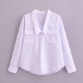 Women's Elegant Deep V Neck Button Down Blouse Long Sleeve Solid Color Pocket Commuter Shirt 100% Polyester Loose Tops For Office Lady Casual Wear