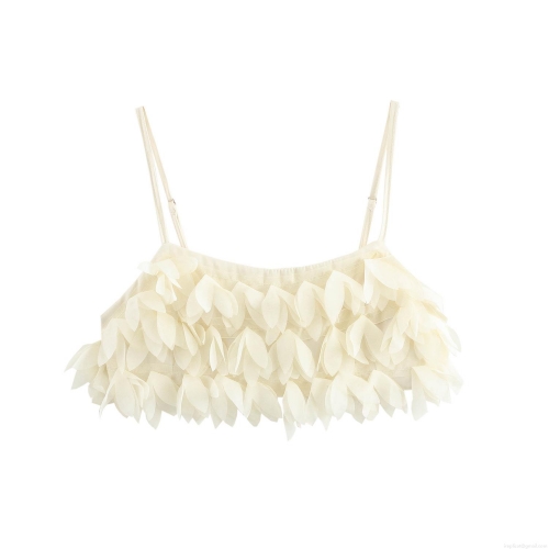 Women's Sexy 3D Petal Flower Thin Strap Camisole Summer Beach Vacation Style Ultra Short Back Smocked Slim Fit Milk White Crop Top