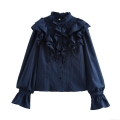 French Retro Ruffle Stand Collar Blouse Women's Elegant Solid Color Long Bubble Sleeve Polyester Shirt Top For Daily Date Party Office