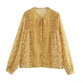 French Vintage Floral Print Chiffon Blouse Women Elegant Tie Neck Pearl Button Ruffled Shoulder Long Sleeve Loose Fit Casual Spring Top Shirt