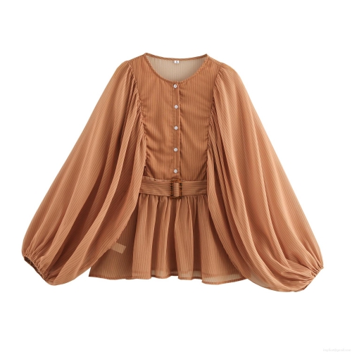 Women's Striped Lantern Sleeve Blouse With Belt Elegant Round Neck Pleated Polyester Shirt For Office Daily Casual Ladies Fashion Tops