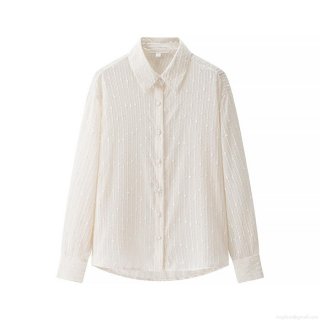 Women's Elegant Jacquard Long Sleeve Blouse Textured Striped Button Down Shirt With Sequins For Commuting Dating Ladies Casual Tops