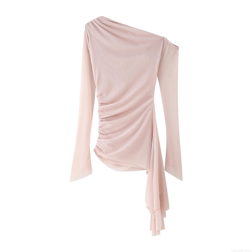 Women's Asymmetric Mesh Chiffon Blouse Elegant One Shoulder Ruffle Long Sleeve Top Sweet Pleated Solid Color Party Shirt For Women