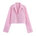 Women's Sweet Striped Long Sleeve Blouse Lace Patchwork V-Neck Loose Shirt Casual Button Down Polyester Top For Ladies