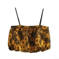 Women's Western Sweet Style Jacquard Floral Camisole Ultra Short Bubble Hem Puffy Tank Top Black Gold Sleeveless Cami Top Party Outfits