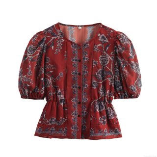Women's Vintage Floral Chiffon Blouse Puff Sleeve Single Breasted Waist Tightening Peplum Hem Round Neck Short Sleeve Summer Daily Retro Style Breathable Polyester Top Women's Vintage Floral Chiffon Blouse Puff Sleeve Single Breasted Waist Tightening Peplum Hem Round Neck Short Sleeve Summer Daily Retro Style Breathable Polyester Top