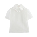 Women's Sweet Organza Blouse Top 3D Floral Applique Short Sleeve Sheer Shirt For Party Daily Elegant Girl Style