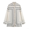 Women's Satin Long Sleeve Shirt Minimalist Geometric Line Print Turn-down Collar Button Down Loose Blouse For Commuting Daily Office Wear