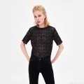Elegant Women's Lace Top Contrast Wave Edge Hollow Out Flower Design Round Neck Short Sleeve Blouse Sexy Transparent Summer Daily Shirt Polyester
