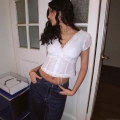 French Vintage White Lace Embroidery Crop Top V Neck Puff Sleeve Tie Up Blouse Sexy Slim Fit Summer Short Sleeve Shirts For Women Sweet Fresh Style