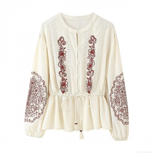 Women's Bohemian Ethnic Floral Embroidery Blouse Polyester Lace Stitching Drawstring Waist Lantern Sleeve Shirt For Holiday Daily Cream White Tops Women's Bohemian Ethnic Floral Embroidery Blouse Polyester Lace Stitching Drawstring Waist Lantern Sleeve Shirt For Holiday Daily Cream White Tops