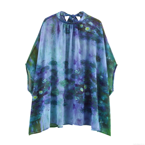 Women's Retro Water Lily Oil Painting Print Chiffon Blouse Loose Batwing Sleeve Tie Neck Summer Top Vintage Artistic Lightweight Breathable Shirt
