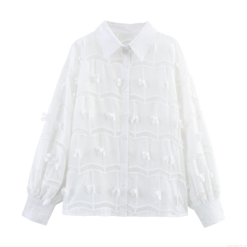 Women French Sweet White Embroidered Blouse Long Sleeve Hollow Out Lace Patchwork Shirt With 3D Floral Decor Loose Pastoral Tops Women French Sweet White Embroidered Blouse Long Sleeve Hollow Out Lace Patchwork Shirt With 3D Floral Decor Loose Pastoral Tops
