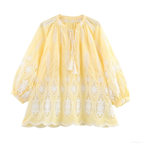 French Style Women Embroidered Blouse V Neck Puff Long Sleeve Boho Top With Tassel Tie Hollow Out Lace Summer Beach Vacation Resort Shirt French Style Women Embroidered Blouse V Neck Puff Long Sleeve Boho Top With Tassel Tie Hollow Out Lace Summer Beach Vacation Resort Shirt