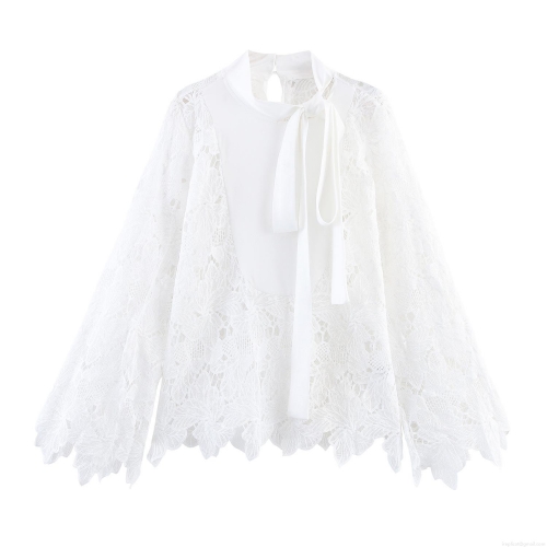 Women White Elegant Lace Blouse Long Sleeve Stand Collar Bow Tie Shirt Floral Hollow Out Mesh Tops For Office Lady Commuter Sweet Style Women White Elegant Lace Blouse Long Sleeve Stand Collar Bow Tie Shirt Floral Hollow Out Mesh Tops For Office Lady Commuter Sweet Style